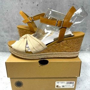 Ugg Joslyn Cream Leather & Canvas Platform Ankle Strap Wedges Size 11 Sandals